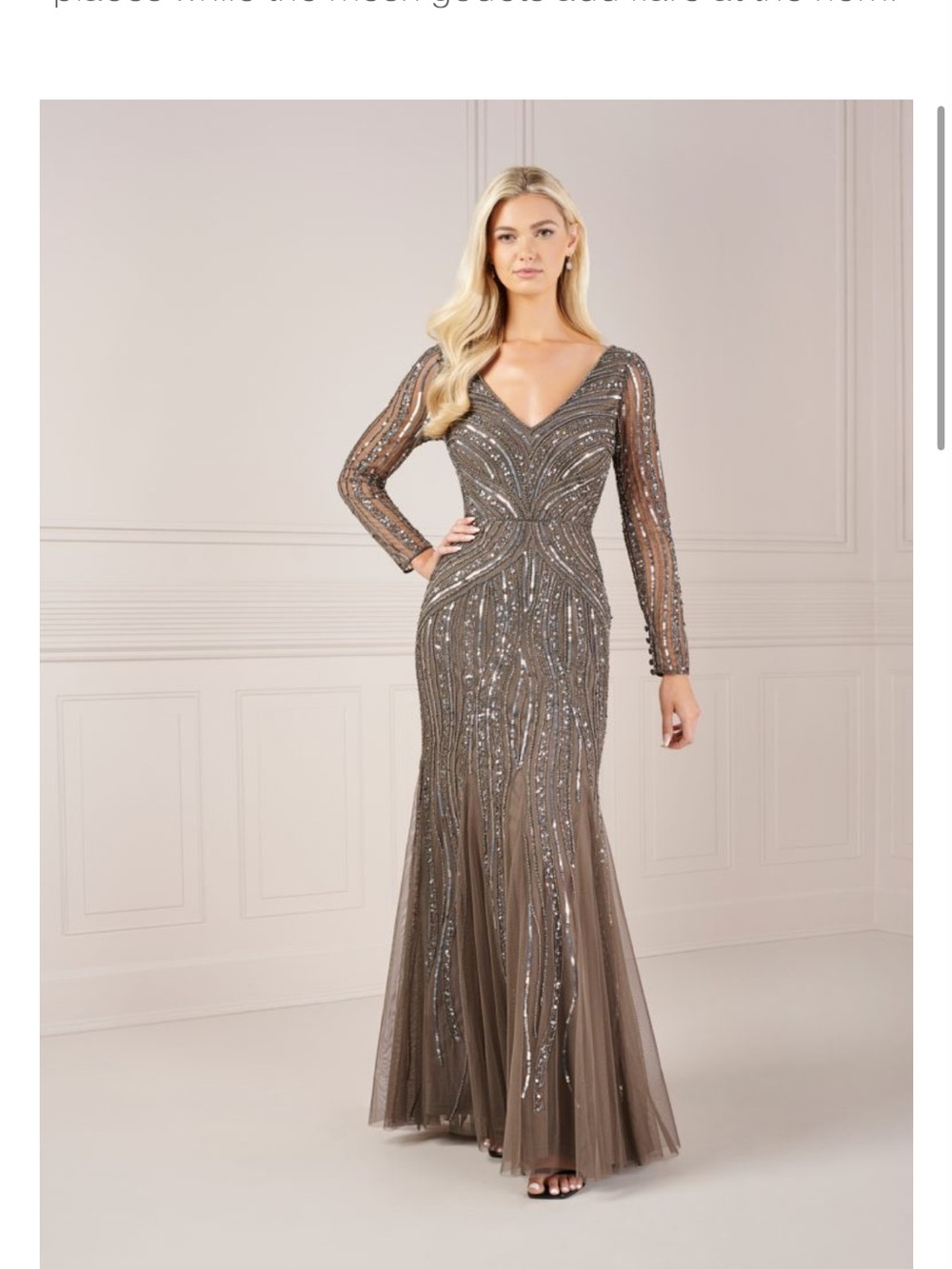 Adrianna Papell Taupe Sequined Long-Sleeve V-Neck Gown